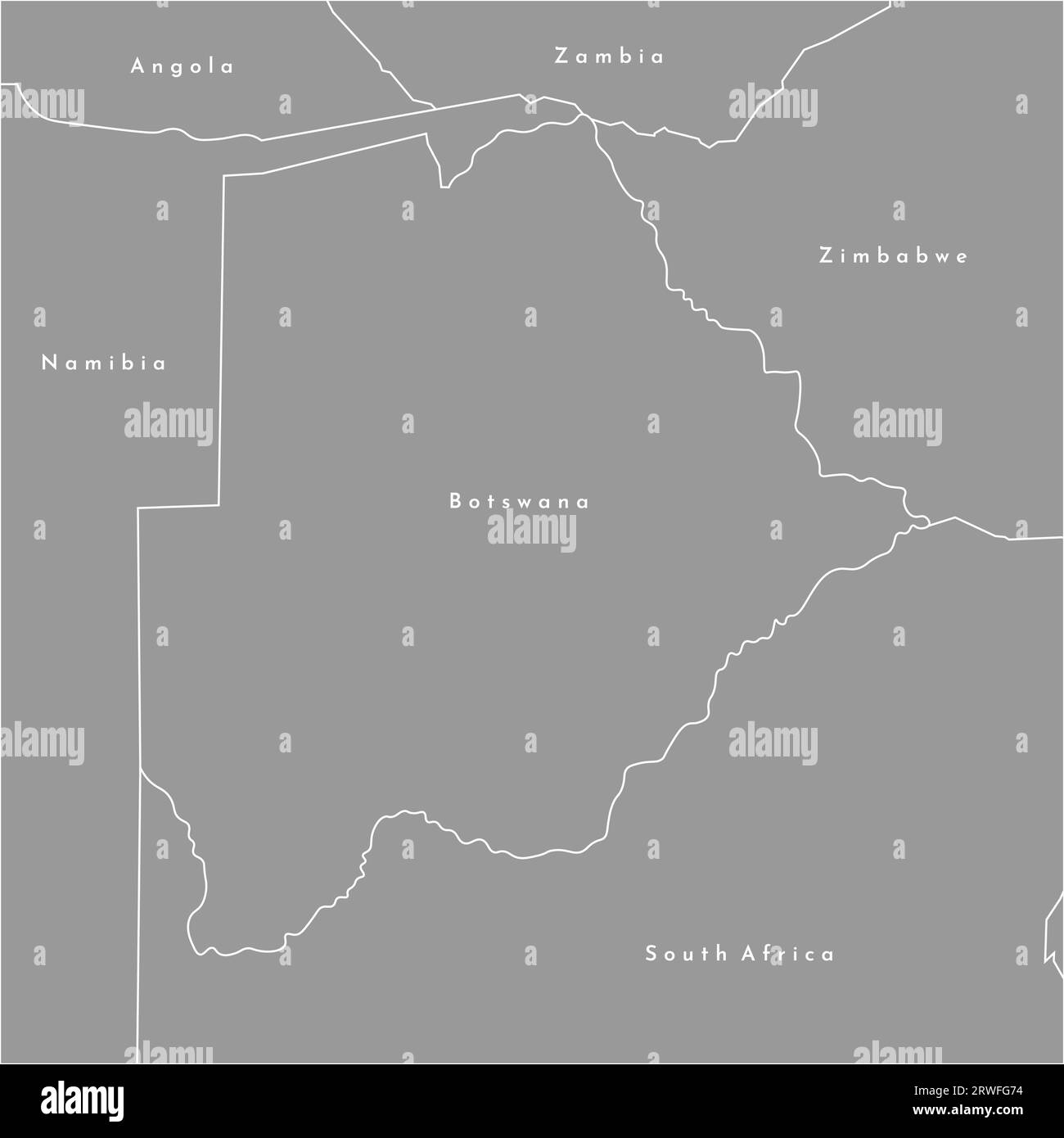 Illustrazione vettoriale moderna. Mappa semplificata del Botswana al centro e confina con i paesi limitrofi (Namibia, Zimbabwe, Zambia, Sudafrica). Illustrazione Vettoriale