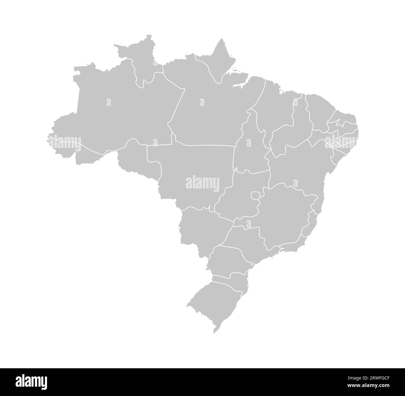 Illustrazione vettoriale isolata della mappa amministrativa semplificata del Brasile. Confini delle province (regioni). Silhouette grigie. Contorno bianco. Illustrazione Vettoriale