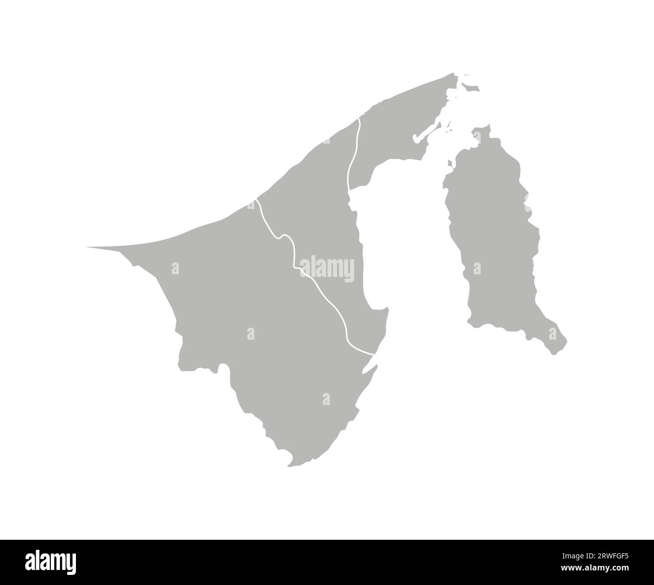 Illustrazione vettoriale isolata della mappa amministrativa semplificata del Brunei. Confini delle province (regioni). Silhouette grigie. Contorno bianco. Illustrazione Vettoriale