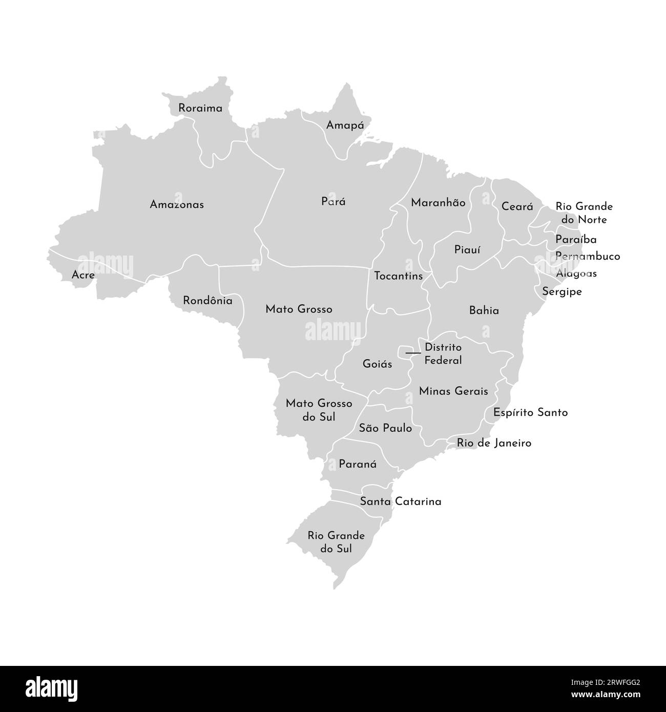 Illustrazione vettoriale isolata della mappa amministrativa semplificata del Brasile. Confini e nomi delle province (regioni). Silhouette grigie. Contorno bianco Illustrazione Vettoriale