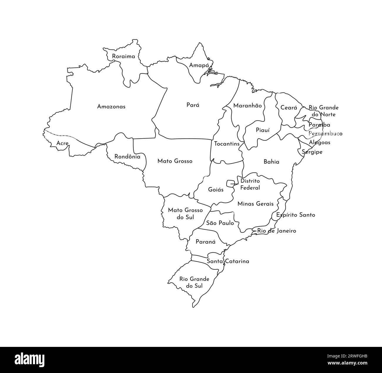Illustrazione vettoriale isolata della mappa amministrativa semplificata del Brasile. Confini e nomi delle regioni. Silhouette nere. Illustrazione Vettoriale