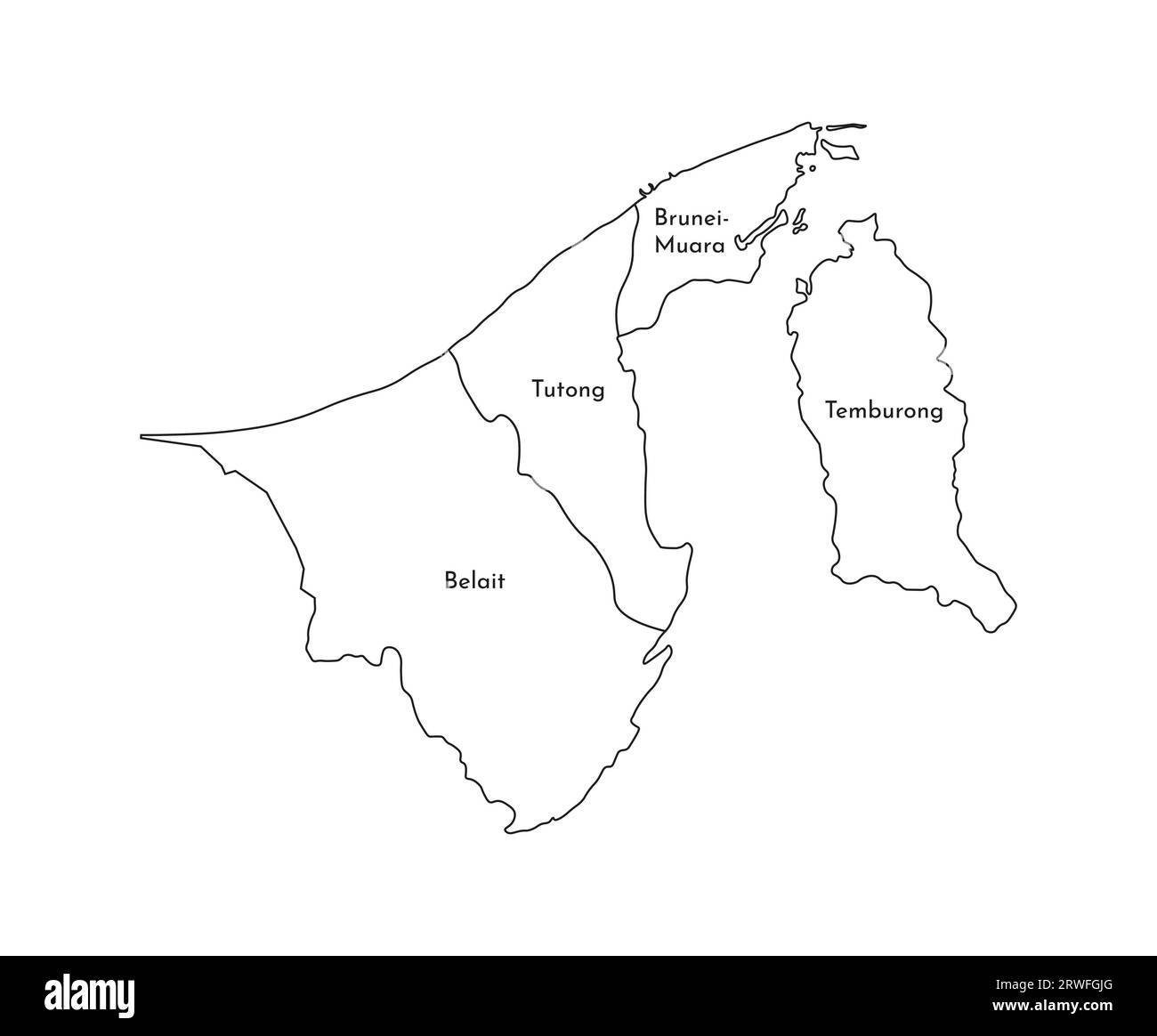Illustrazione vettoriale isolata della mappa amministrativa semplificata del Brunei. Confini e nomi delle regioni. Silhouette nere. Illustrazione Vettoriale