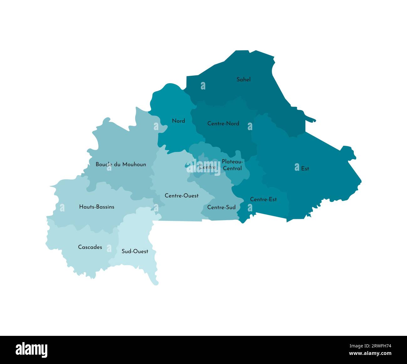 Illustrazione vettoriale isolata della mappa amministrativa semplificata del Burkina Faso. Confini e nomi delle regioni. Sagome kaki blu colorato Illustrazione Vettoriale