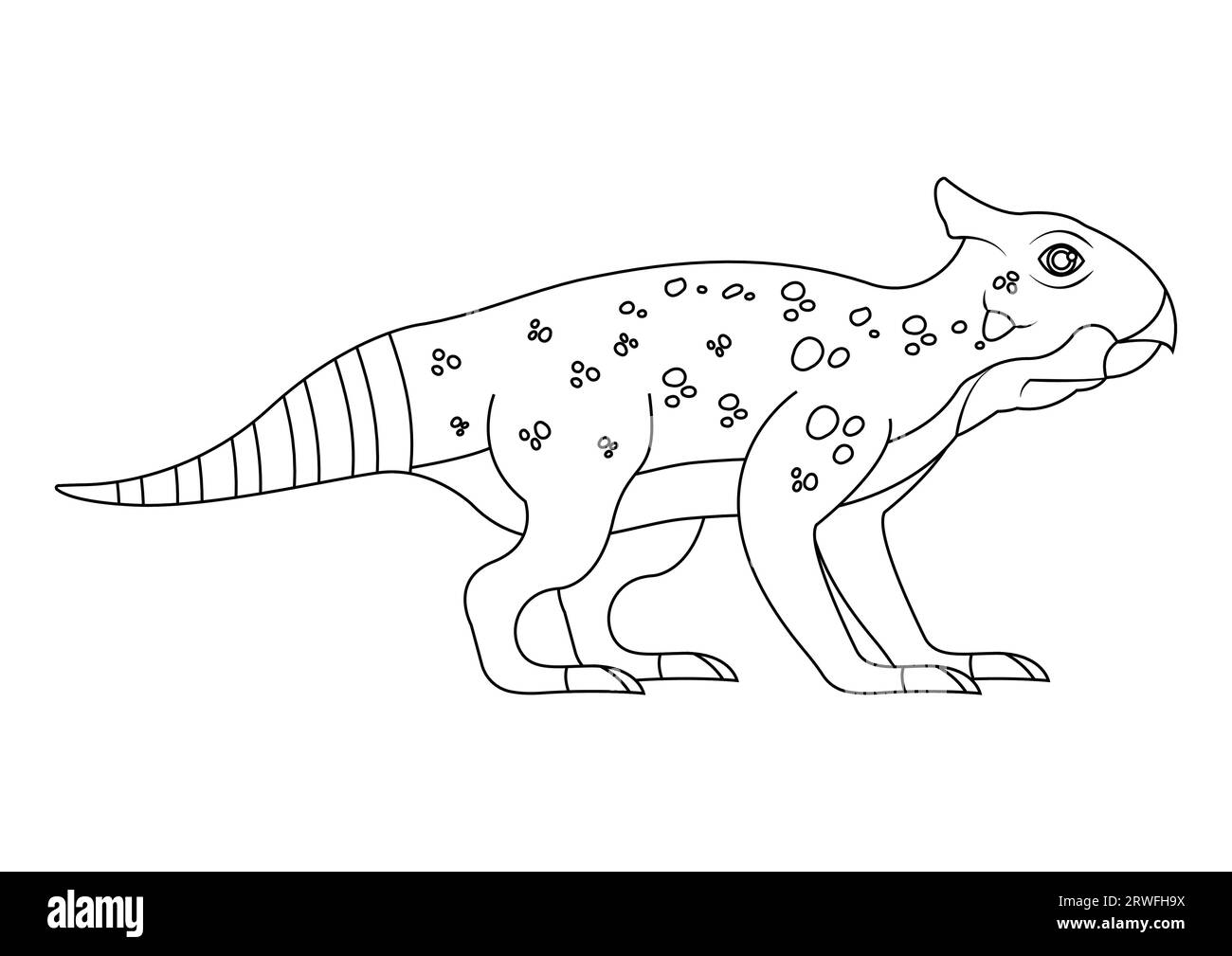 Bianco e nero Bagaceratops Dinosaur Cartoon Character Vector. Pagina da colorare di un dinosauro Bagaceratops Illustrazione Vettoriale