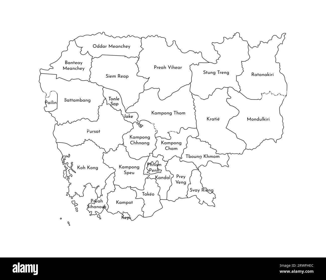 Illustrazione vettoriale isolata della mappa amministrativa semplificata della Cambogia. Confini e nomi delle regioni. Silhouette nere. Illustrazione Vettoriale