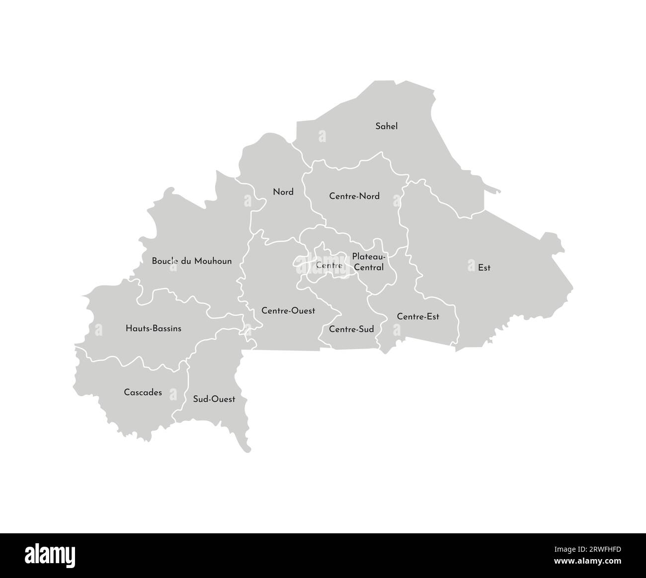Illustrazione vettoriale isolata della mappa amministrativa semplificata del Burkina Faso. Confini e nomi delle regioni. Silhouette grigie. Contorno bianco Illustrazione Vettoriale