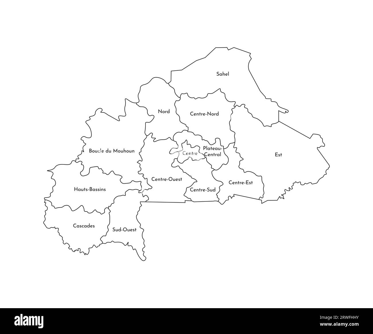 Illustrazione vettoriale isolata della mappa amministrativa semplificata del Burkina Faso. Confini e nomi delle regioni. Silhouette nere. Illustrazione Vettoriale