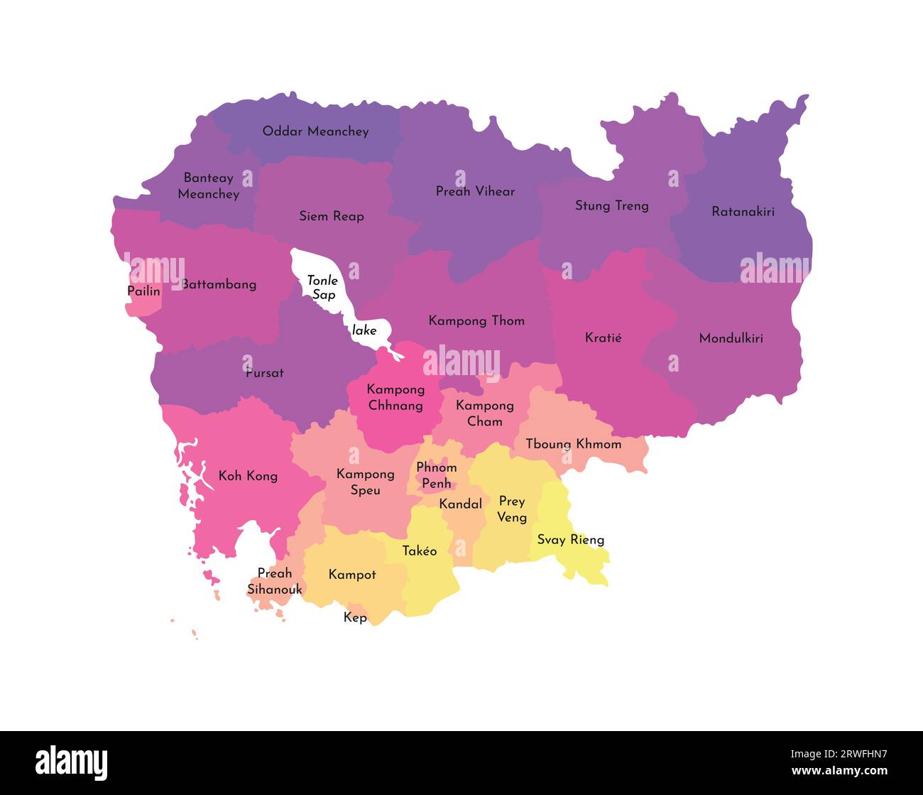 Illustrazione vettoriale isolata della mappa amministrativa semplificata della Cambogia. Confini e nomi delle regioni. Silhouette multicolore. Illustrazione Vettoriale