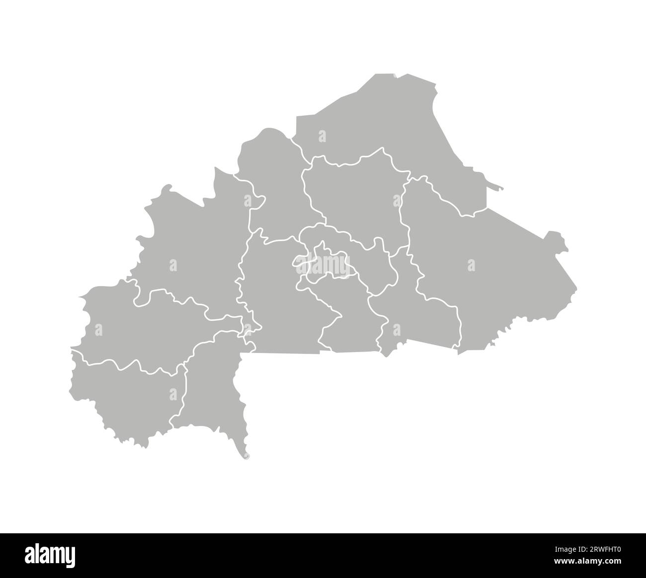 Illustrazione vettoriale isolata della mappa amministrativa semplificata del Burkina Faso. Confini delle regioni. Silhouette grigie. Contorno bianco. Illustrazione Vettoriale