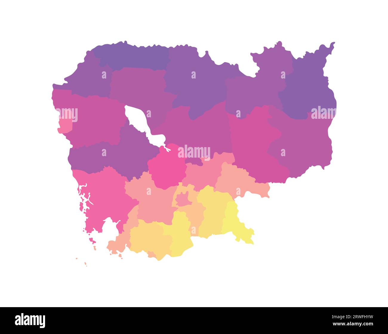 Illustrazione vettoriale isolata della mappa amministrativa semplificata della Cambogia. Confini delle regioni. Silhouette multicolore. Illustrazione Vettoriale