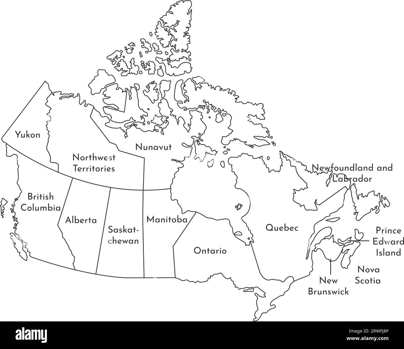 Illustrazione vettoriale isolata della mappa amministrativa semplificata del Canada. Confini e nomi delle regioni. Silhouette nere. Illustrazione Vettoriale