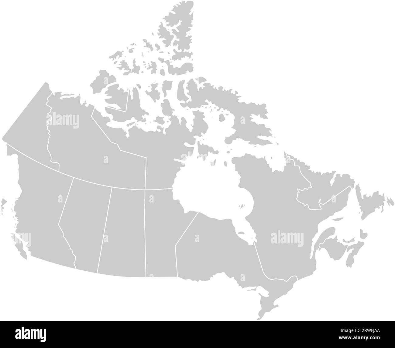 Illustrazione vettoriale isolata della mappa amministrativa semplificata del Canada. Confini delle province (regioni). Silhouette grigie. Contorno bianco. Illustrazione Vettoriale