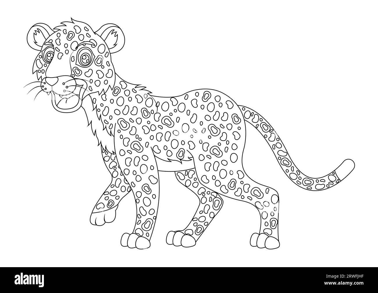 Illustrazione vettoriale dei personaggi dei cartoni animati leopardati in bianco e nero. Pagina da colorare di leopardo dei cartoni animati Illustrazione Vettoriale