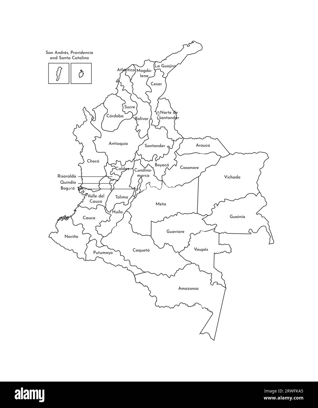 Illustrazione vettoriale isolata della mappa amministrativa semplificata della Colombia. Confini e nomi dei dipartimenti (regioni). Silhouette nere. Illustrazione Vettoriale