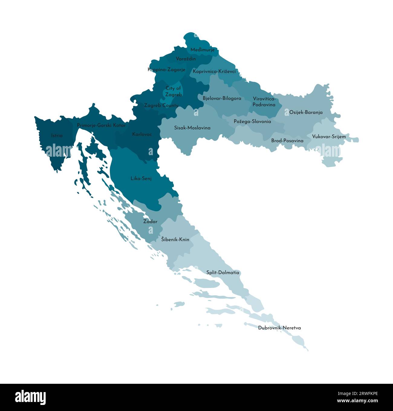 Illustrazione vettoriale isolata della mappa amministrativa semplificata della Croazia. Confini e nomi delle regioni. Sagome kaki blu colorato. Illustrazione Vettoriale