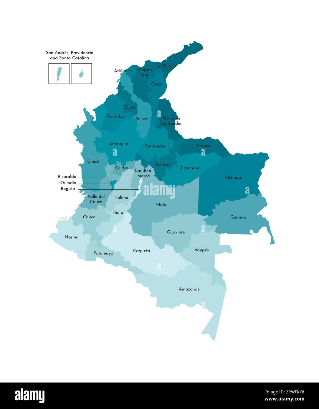 Illustrazione vettoriale isolata della mappa amministrativa semplificata della Colombia. Confini e nomi dei dipartimenti (regioni). Sagoma kaki blu colorato Illustrazione Vettoriale