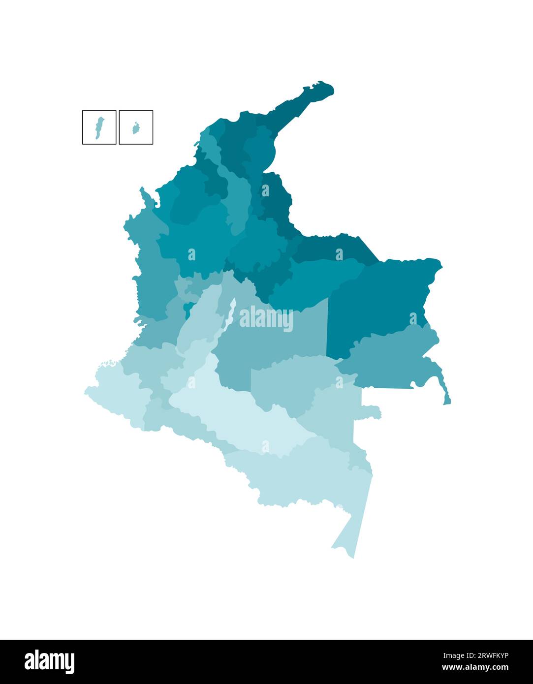 Illustrazione vettoriale isolata della mappa amministrativa semplificata della Colombia. Confini dei dipartimenti (regioni). Sagome kaki blu colorato. Illustrazione Vettoriale