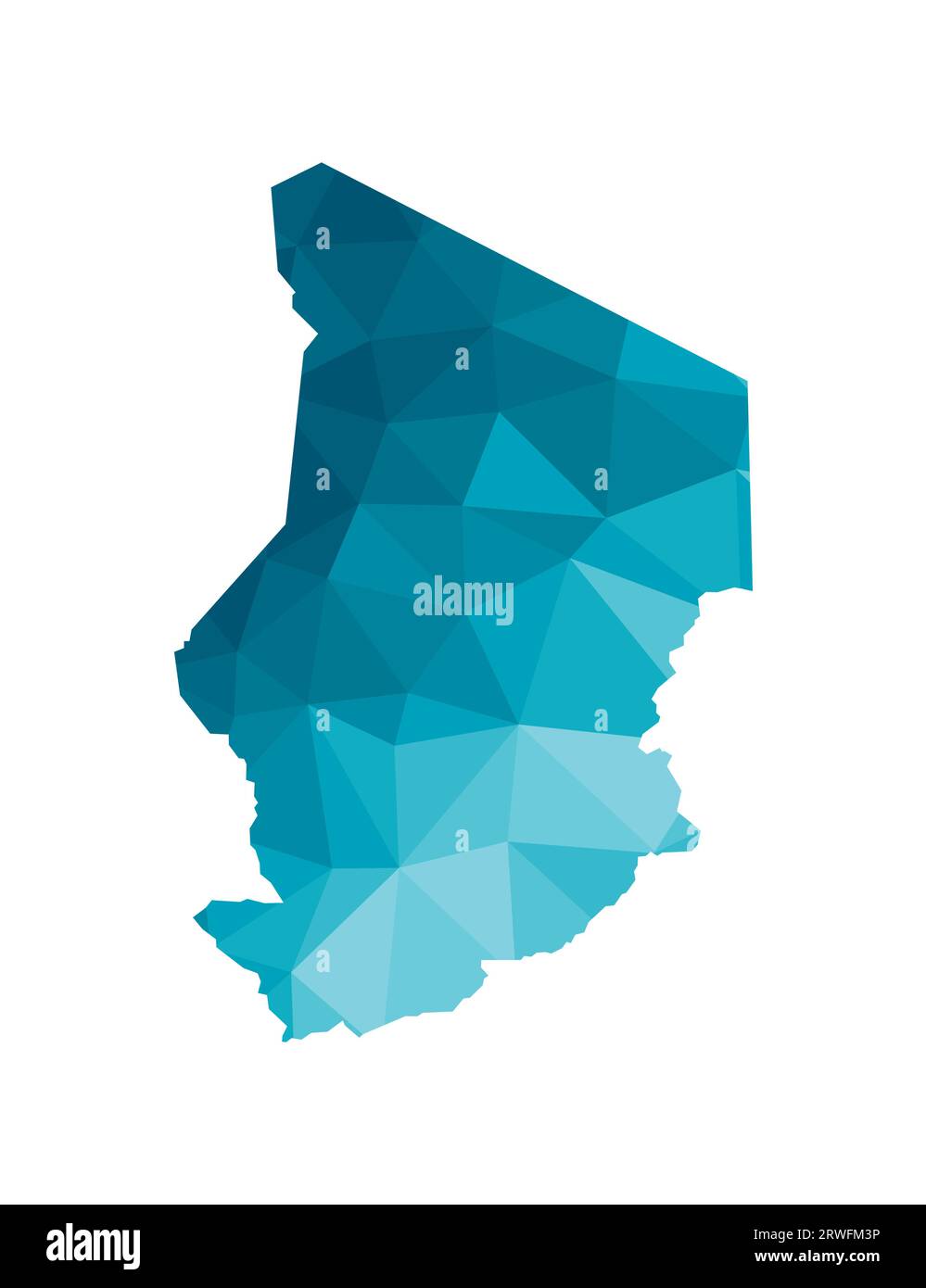 Icona a figura vettoriale isolata con silhouette blu semplificata della mappa della Repubblica del Ciad. Stile geometrico poligonale, forme triangolari. Sfondo bianco Illustrazione Vettoriale
