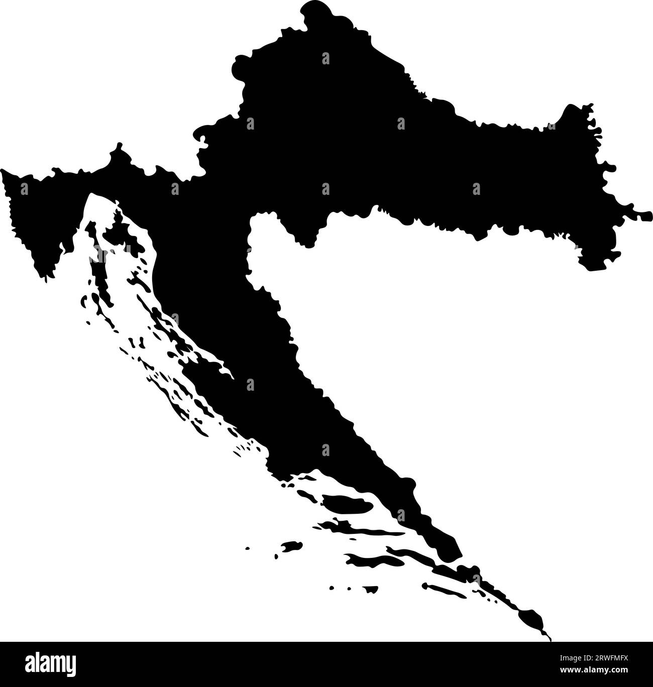 Icona a figura semplificata isolata con sagoma nera della mappa della Croazia. Sfondo bianco Illustrazione Vettoriale