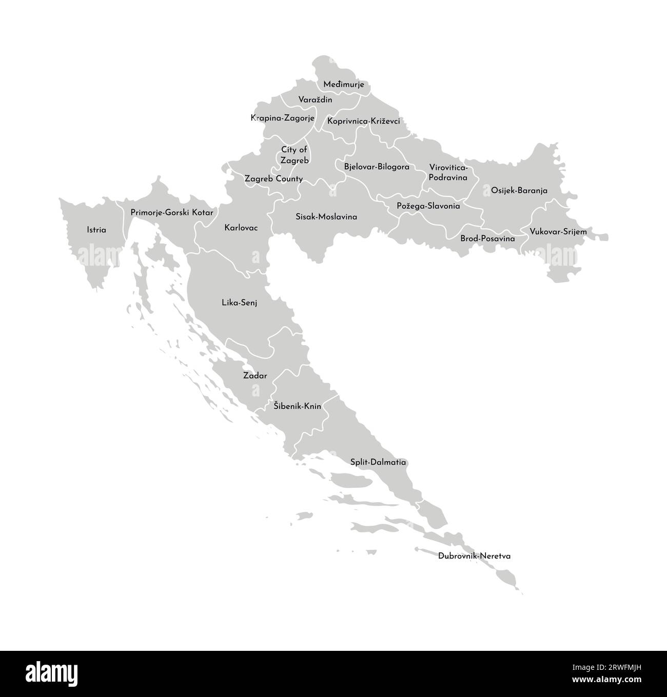 Illustrazione vettoriale isolata della mappa amministrativa semplificata della Croazia. Confini e nomi delle province (regioni). Silhouette grigie. Outlin bianco Illustrazione Vettoriale