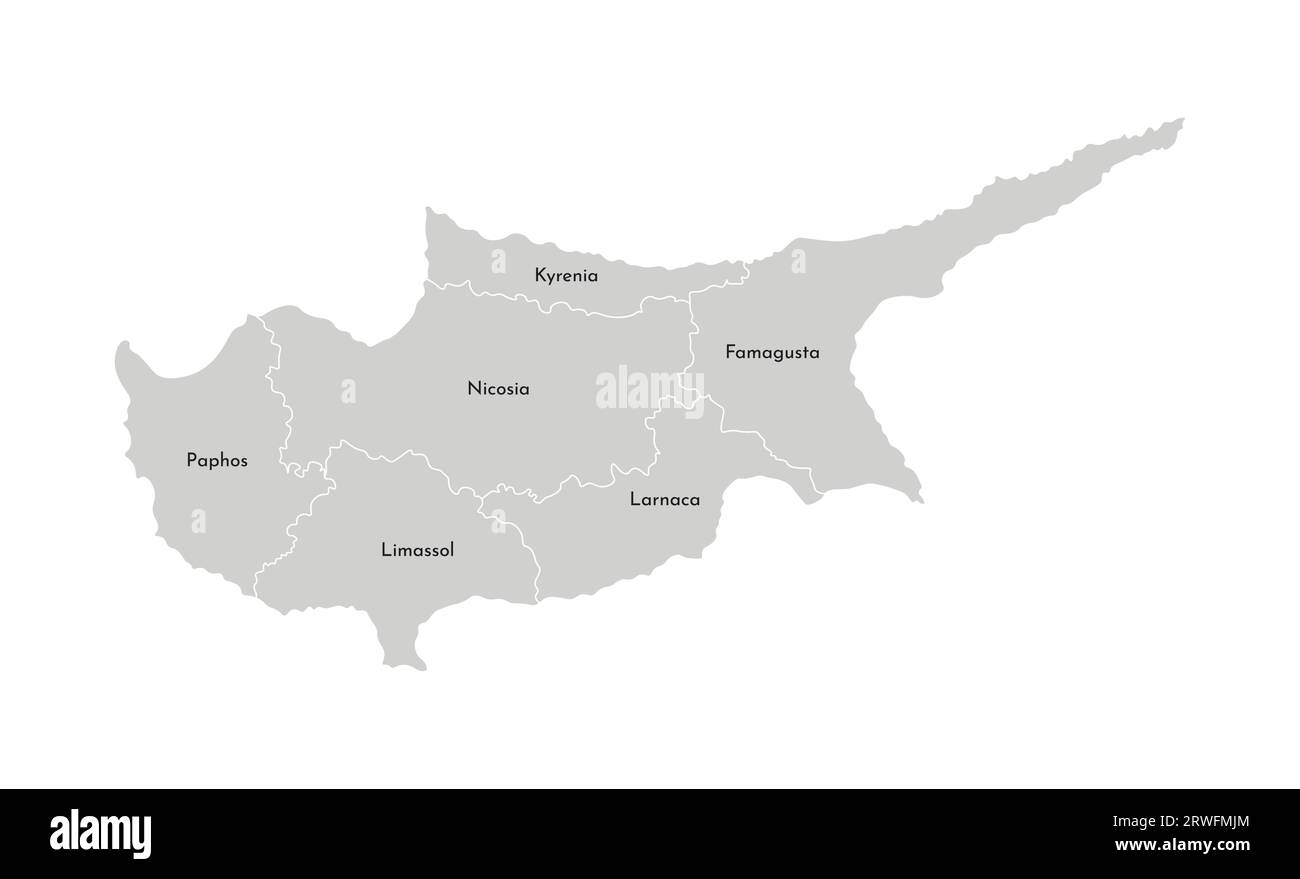 Illustrazione vettoriale isolata della mappa amministrativa semplificata di Cipro. Confini e nomi dei distretti (regioni). Silhouette grigie. Contorno bianco Illustrazione Vettoriale