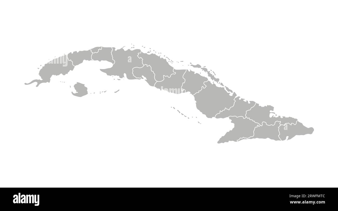 Illustrazione vettoriale isolata della mappa amministrativa semplificata di Cuba. Confini delle province (regioni). Silhouette grigie. Contorno bianco. Illustrazione Vettoriale