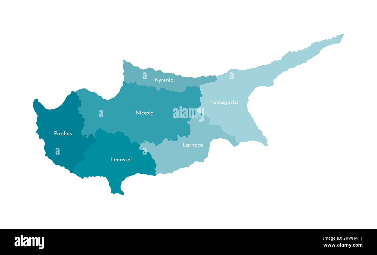 Illustrazione vettoriale isolata della mappa amministrativa semplificata di Cipro. Confini e nomi dei distretti (regioni). Sagome kaki blu colorato Illustrazione Vettoriale