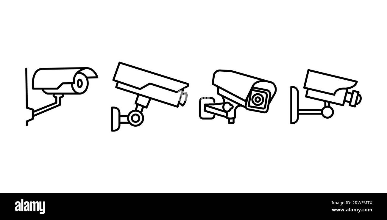 Collezione di icone CCTV in stile bobinato o line art, vettore di traccia modificabile Illustrazione Vettoriale