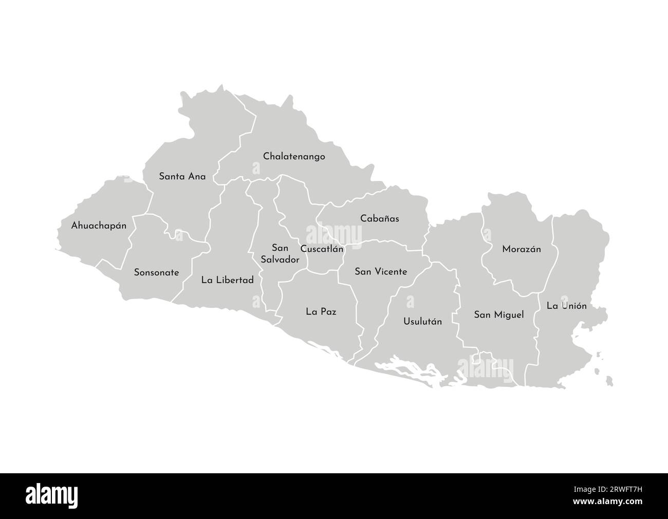 Illustrazione vettoriale isolata della mappa amministrativa semplificata di El Salvador. Confini e nomi dei dipartimenti (regioni). Silhouette grigie. Bianco Illustrazione Vettoriale