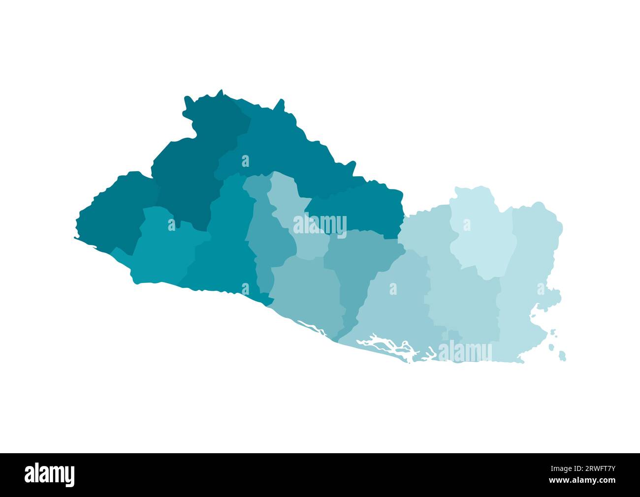 Illustrazione vettoriale isolata della mappa amministrativa semplificata di El Salvador. Confini dei dipartimenti (regioni). Sagome kaki blu colorato. Illustrazione Vettoriale