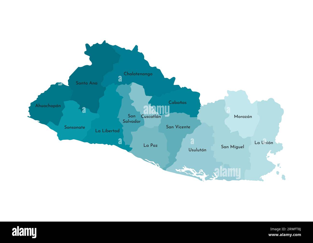 Illustrazione vettoriale isolata della mappa amministrativa semplificata di El Salvador. Confini e nomi dei dipartimenti (regioni). Seta cachi blu colorato Illustrazione Vettoriale