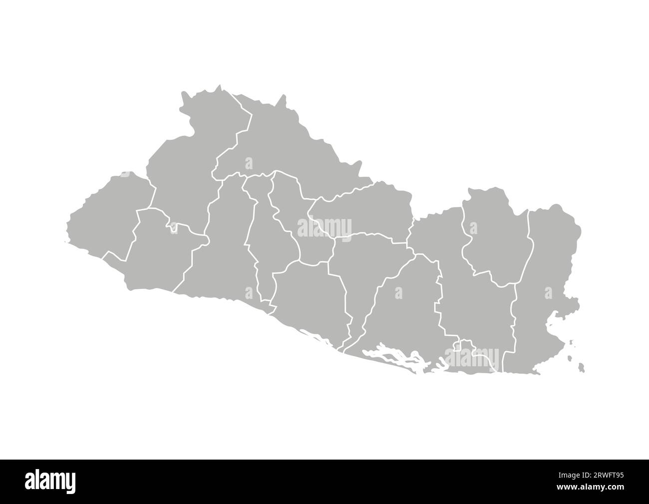 Illustrazione vettoriale isolata della mappa amministrativa semplificata di El Salvador. Confini dei dipartimenti (regioni). Silhouette grigie. Contorno bianco. Illustrazione Vettoriale
