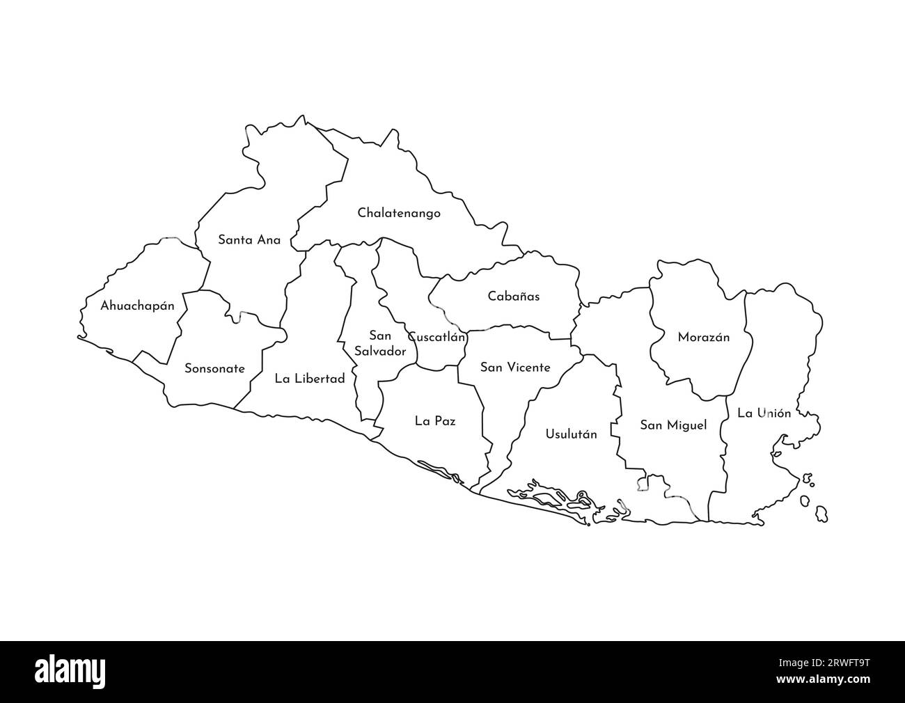 Illustrazione vettoriale isolata della mappa amministrativa semplificata di El Salvador. Confini e nomi dei dipartimenti (regioni). Silhouette nere. Illustrazione Vettoriale
