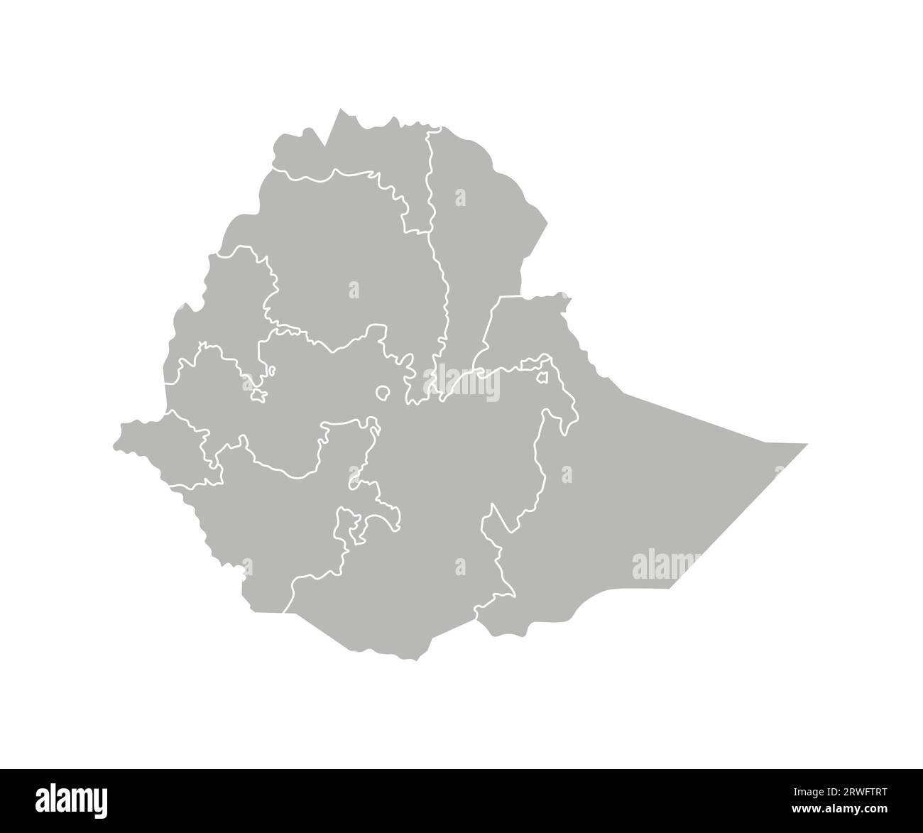 Illustrazione vettoriale isolata della mappa amministrativa semplificata dell'Etiopia. Confini delle regioni. Silhouette grigie. Contorno bianco. Illustrazione Vettoriale