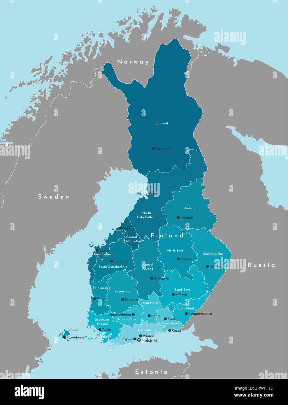 Illustrazione vettoriale moderna. Mappa amministrativa semplificata della Finlandia. Confina con la Svezia, la Norvegia e la Russia. Nomi delle città e delle regioni finlandesi. B Illustrazione Vettoriale