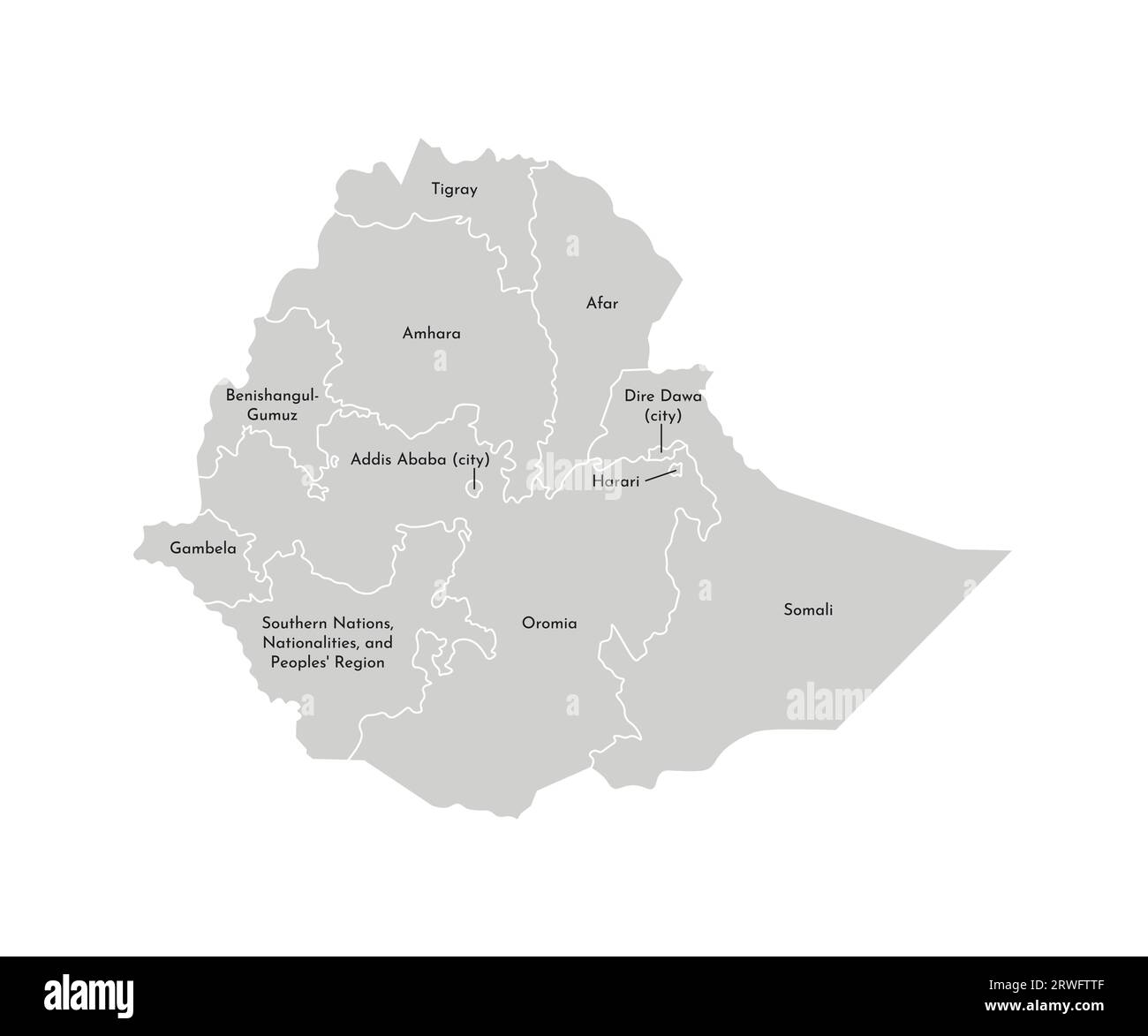 Illustrazione vettoriale isolata della mappa amministrativa semplificata dell'Etiopia. Confini e nomi delle regioni. Silhouette grigie. Contorno bianco Illustrazione Vettoriale