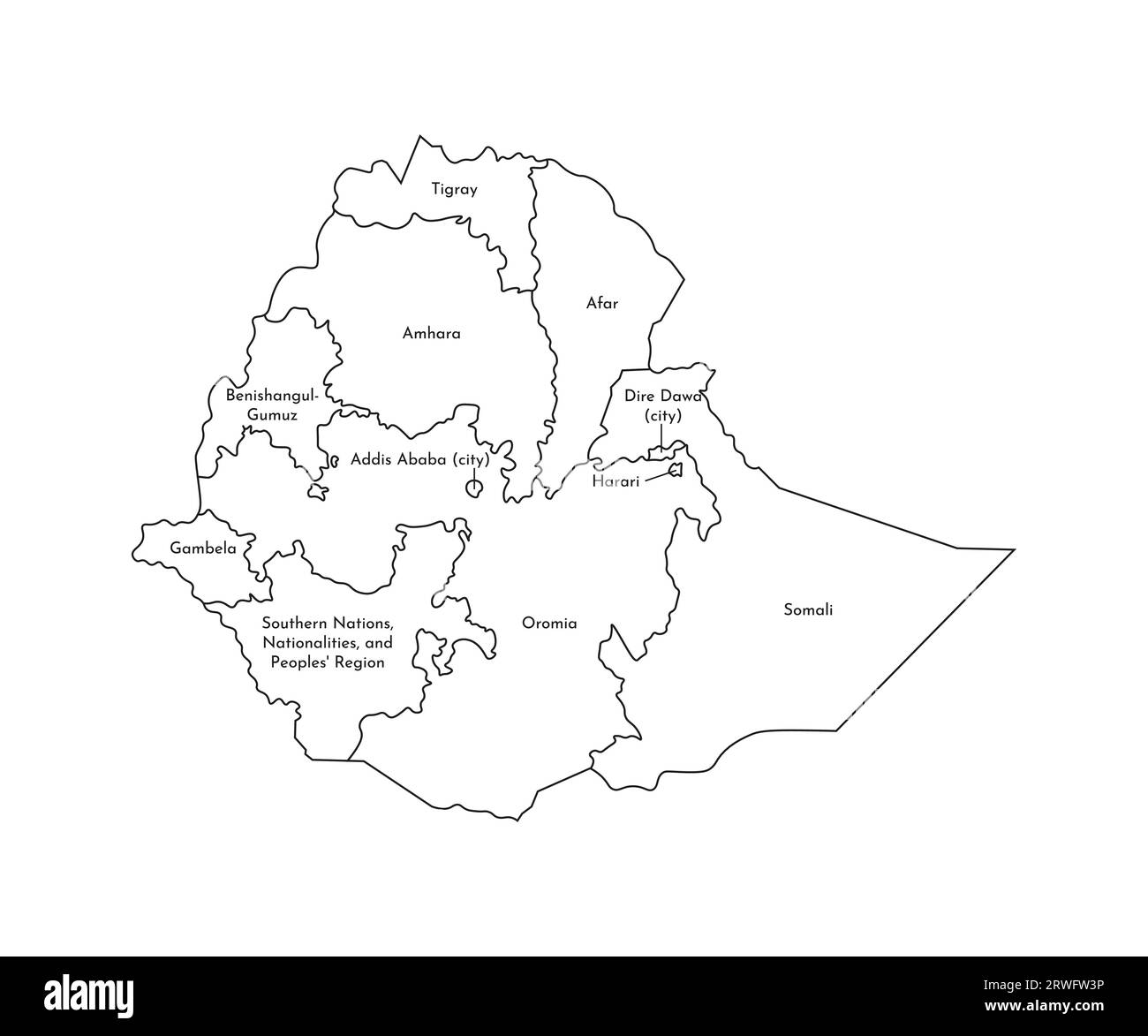 Illustrazione vettoriale isolata della mappa amministrativa semplificata dell'Etiopia. Confini e nomi delle regioni. Silhouette nere. Illustrazione Vettoriale