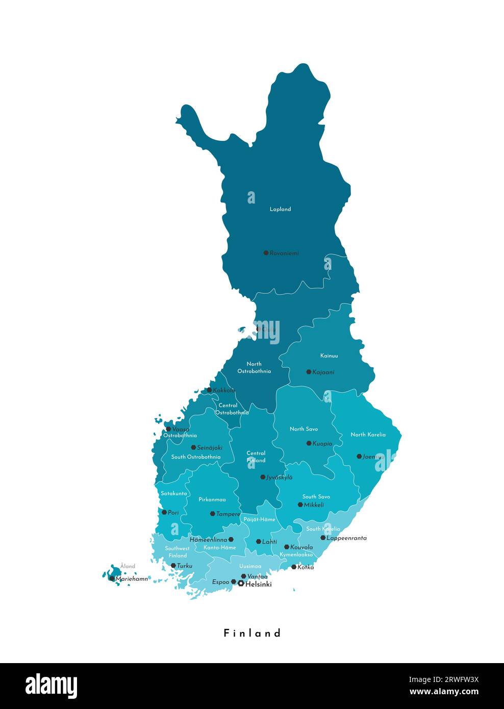 Illustrazione vettoriale isolata. Mappa amministrativa semplificata della Finlandia. Nomi delle grandi città e regioni finlandesi. Colori blu. Sfondo bianco Illustrazione Vettoriale