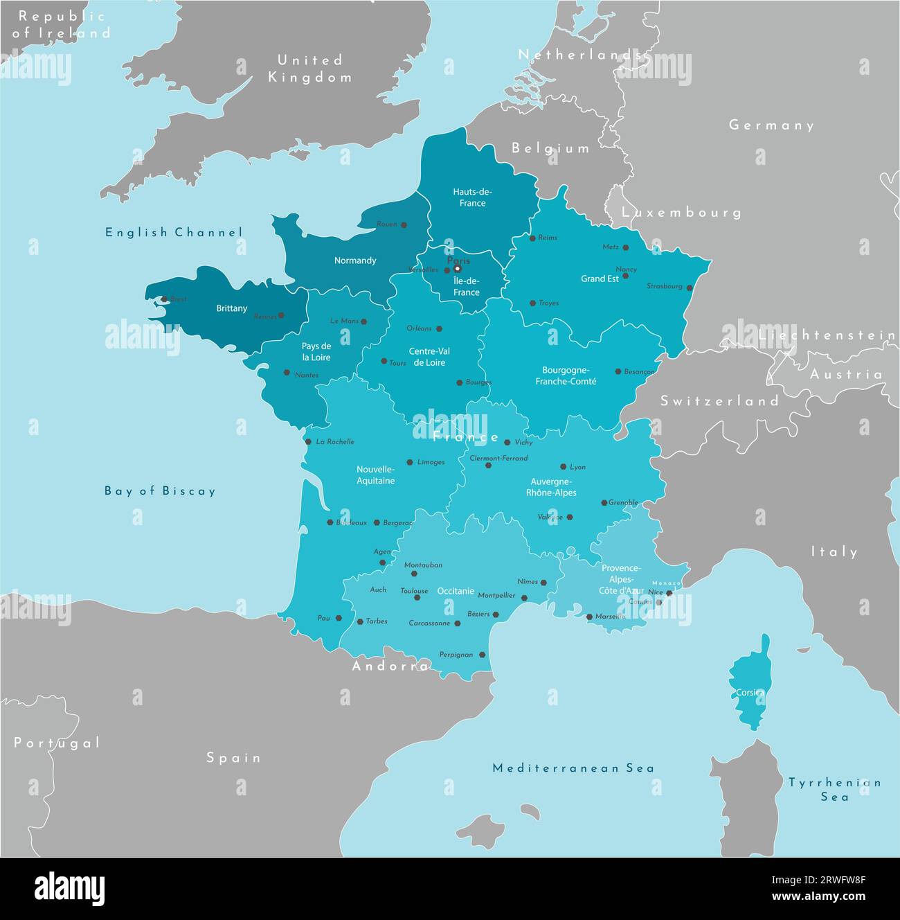 Illustrazione vettoriale moderna. Mappa geografica semplificata della Francia e dei paesi limitrofi. Sfondo blu del Mediterraneo. I nomi della città Illustrazione Vettoriale