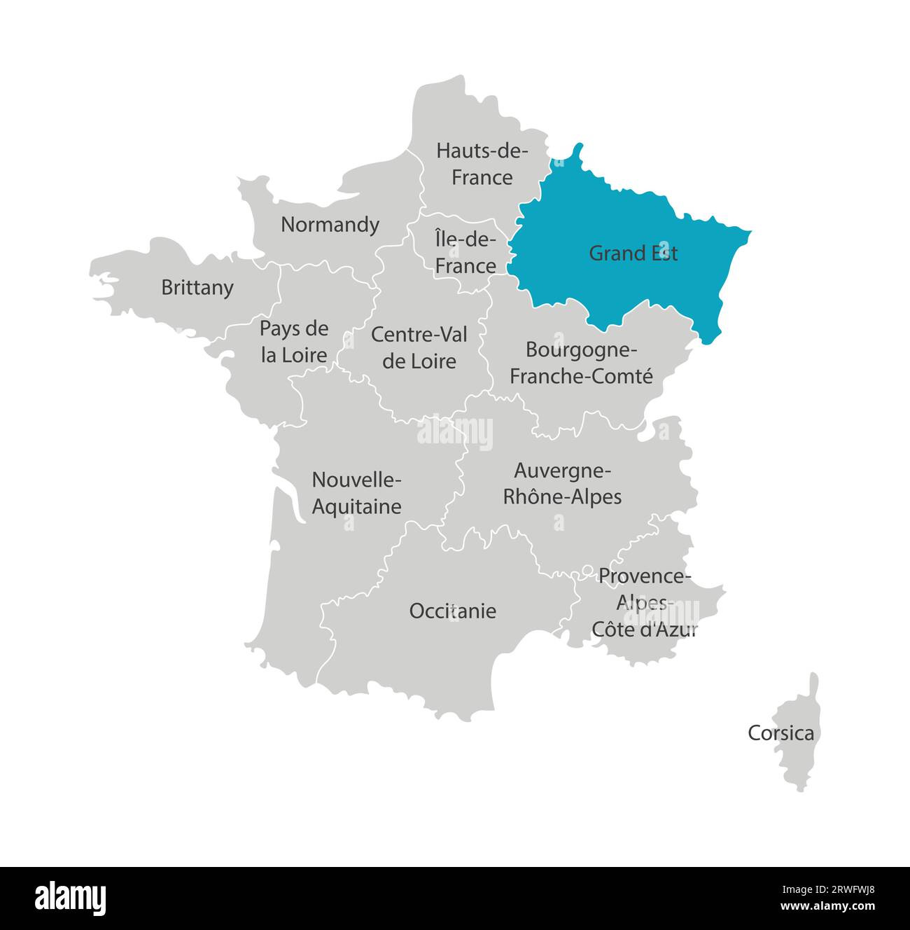 Illustrazione vettoriale isolata della mappa amministrativa semplificata della Francia. Forma blu del Grand Est. Confini delle province (regioni). Silhouette grigie Illustrazione Vettoriale