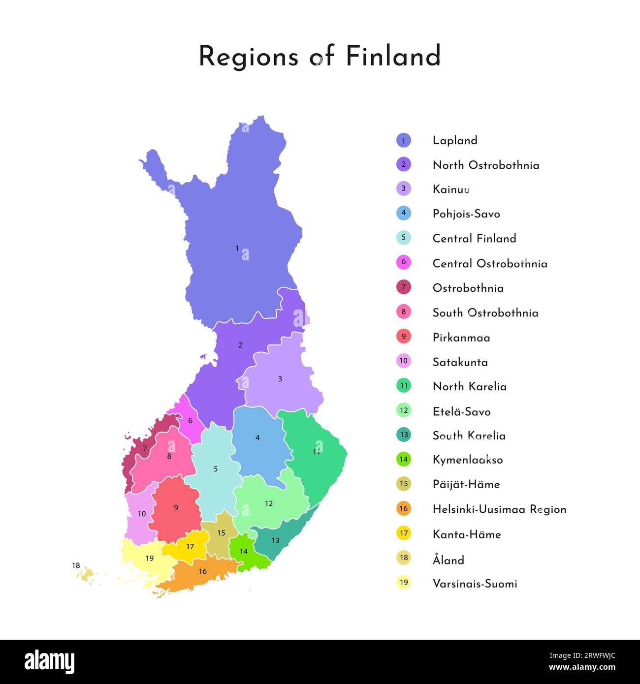 Mappa semplificata isolata vettoriale colorata delle regioni della Finlandia. Confini delle divisioni amministrative. Sfondo bianco Illustrazione Vettoriale