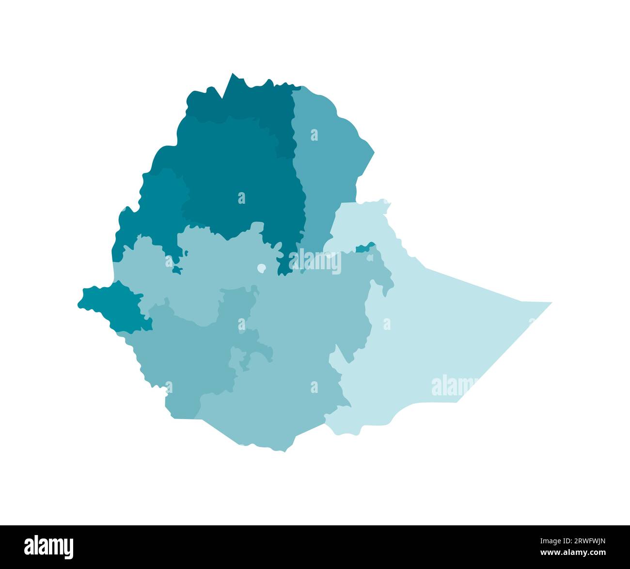 Illustrazione vettoriale isolata della mappa amministrativa semplificata dell'Etiopia. Confini delle regioni. Sagome kaki blu colorato. Illustrazione Vettoriale