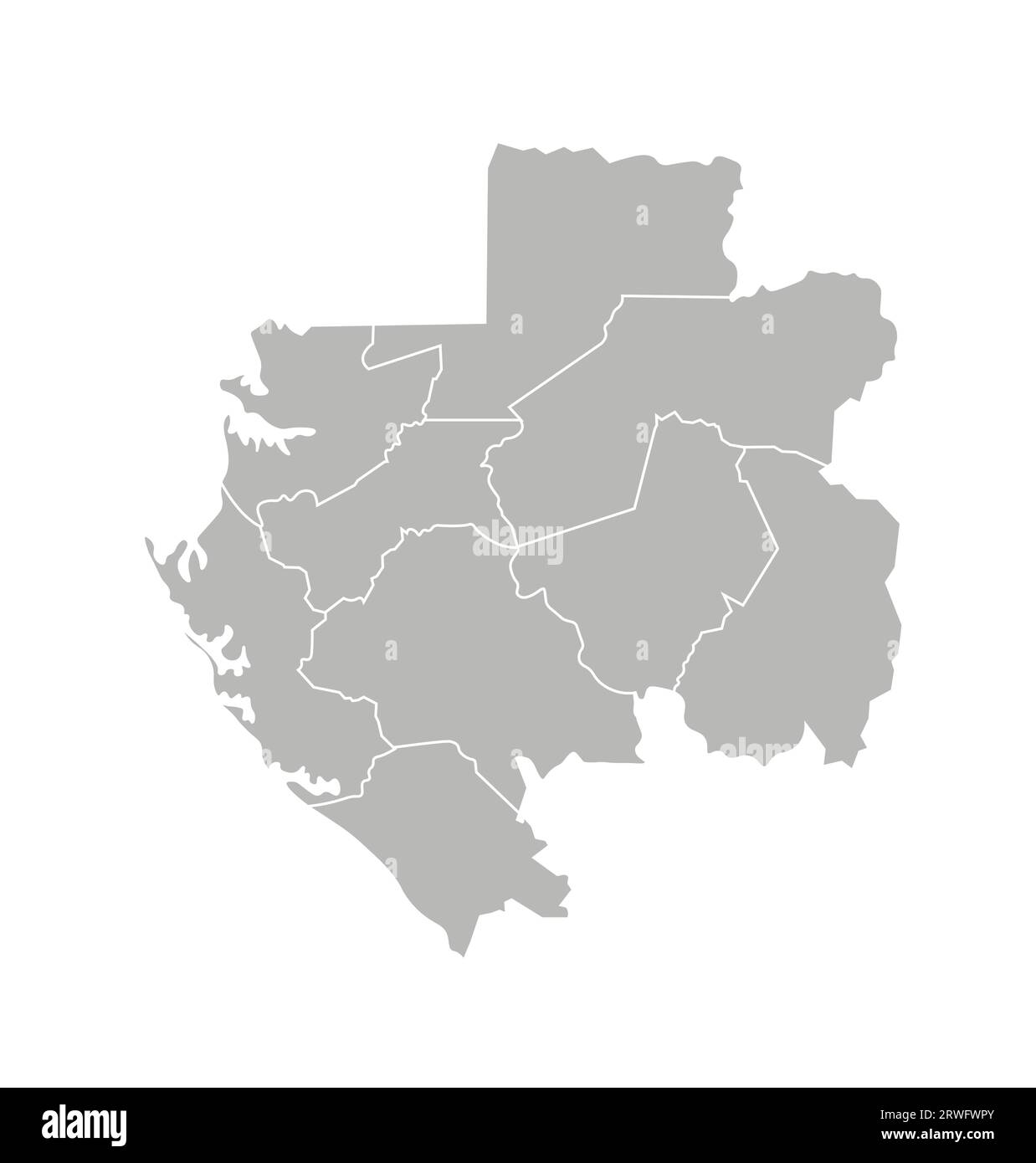 Illustrazione vettoriale isolata della mappa amministrativa semplificata del Gabon. Confini delle province (regioni). Silhouette grigie. Contorno bianco. Illustrazione Vettoriale