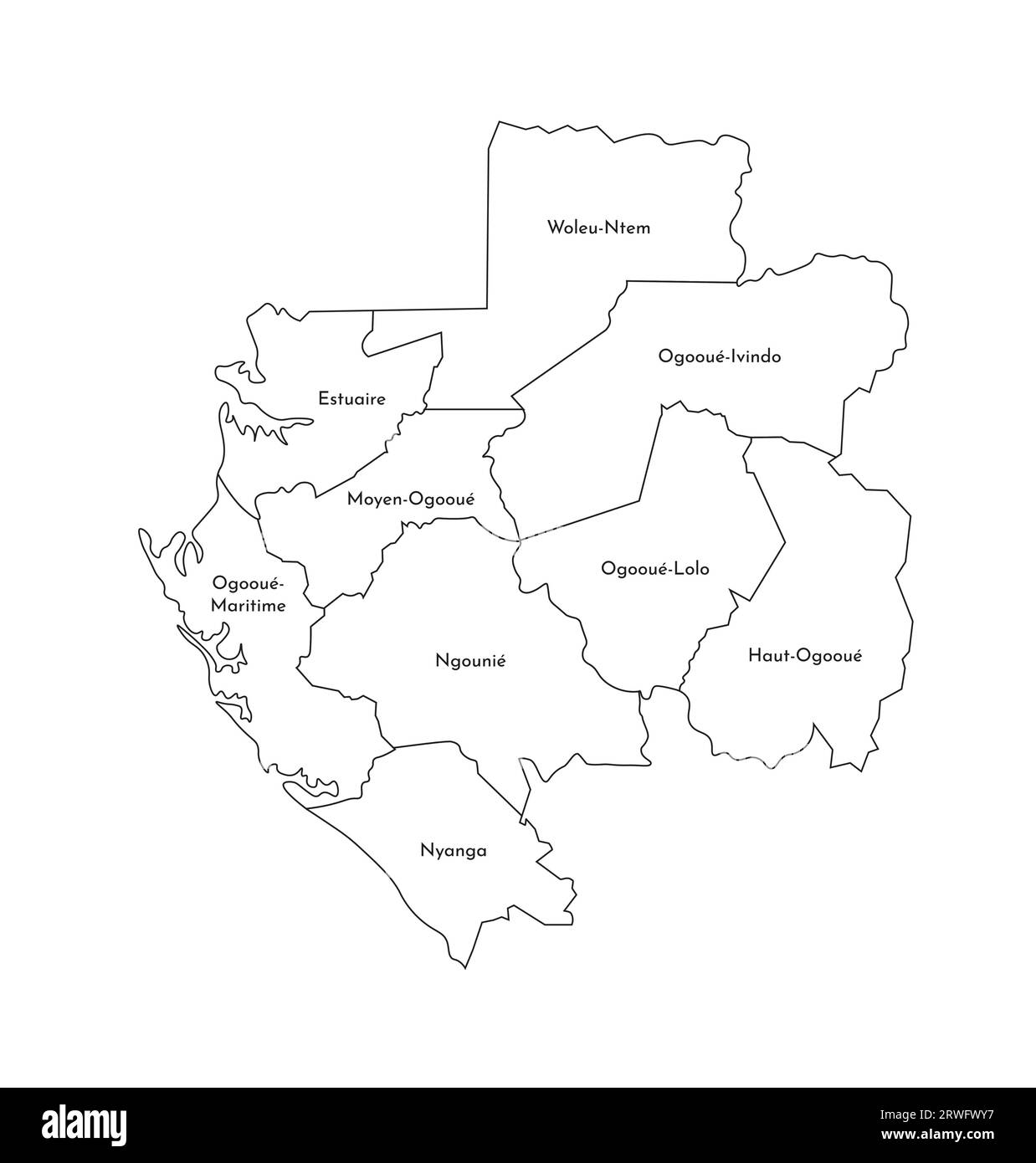 Illustrazione vettoriale isolata della mappa amministrativa semplificata del Gabon. Confini e nomi delle province (regioni). Silhouette nere. Illustrazione Vettoriale