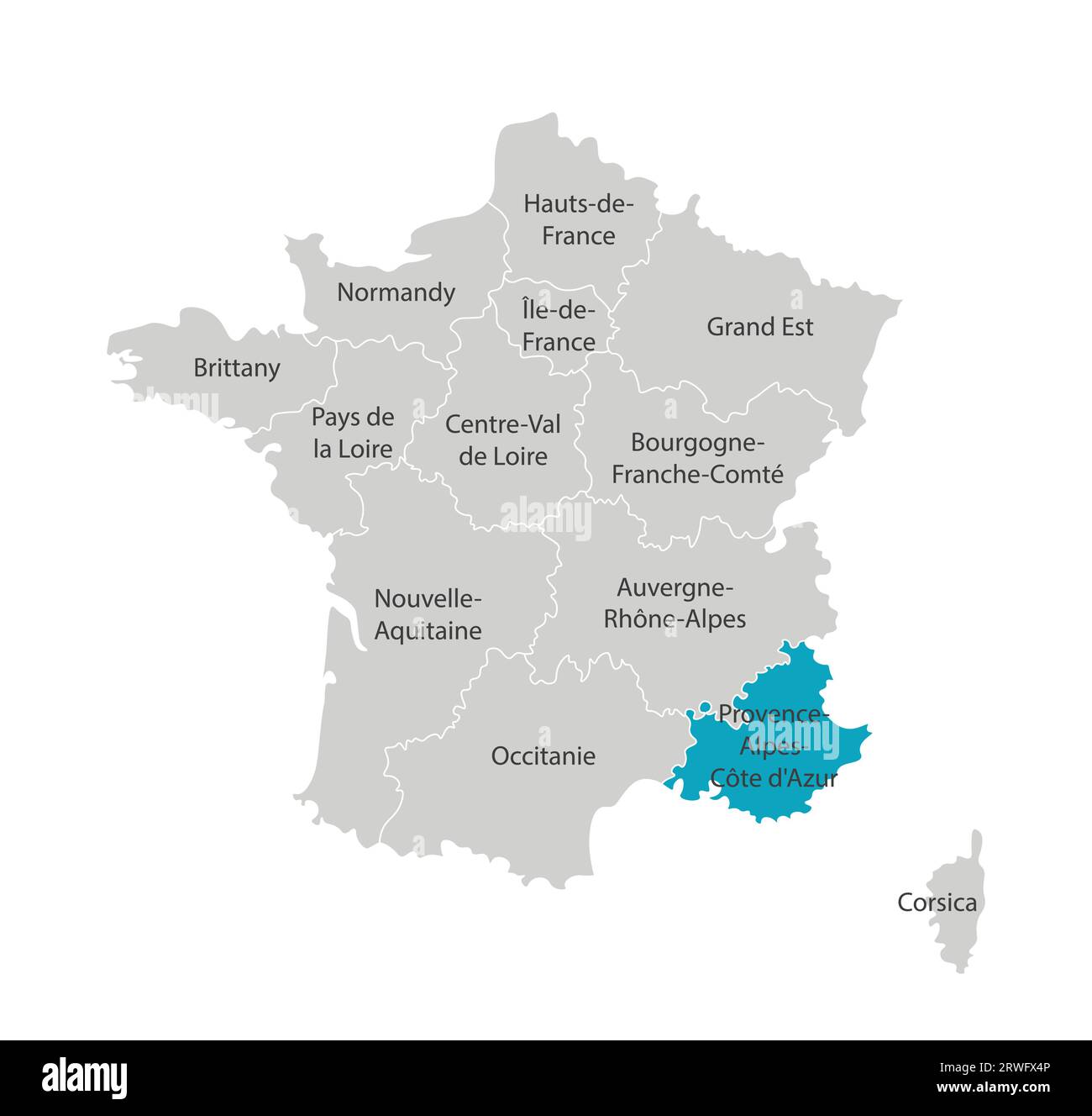 Illustrazione vettoriale isolata della mappa amministrativa semplificata della Francia. Forma blu della Provenza-Alpi-Côte Azzurra. Confini delle province (regioni). Illustrazione Vettoriale