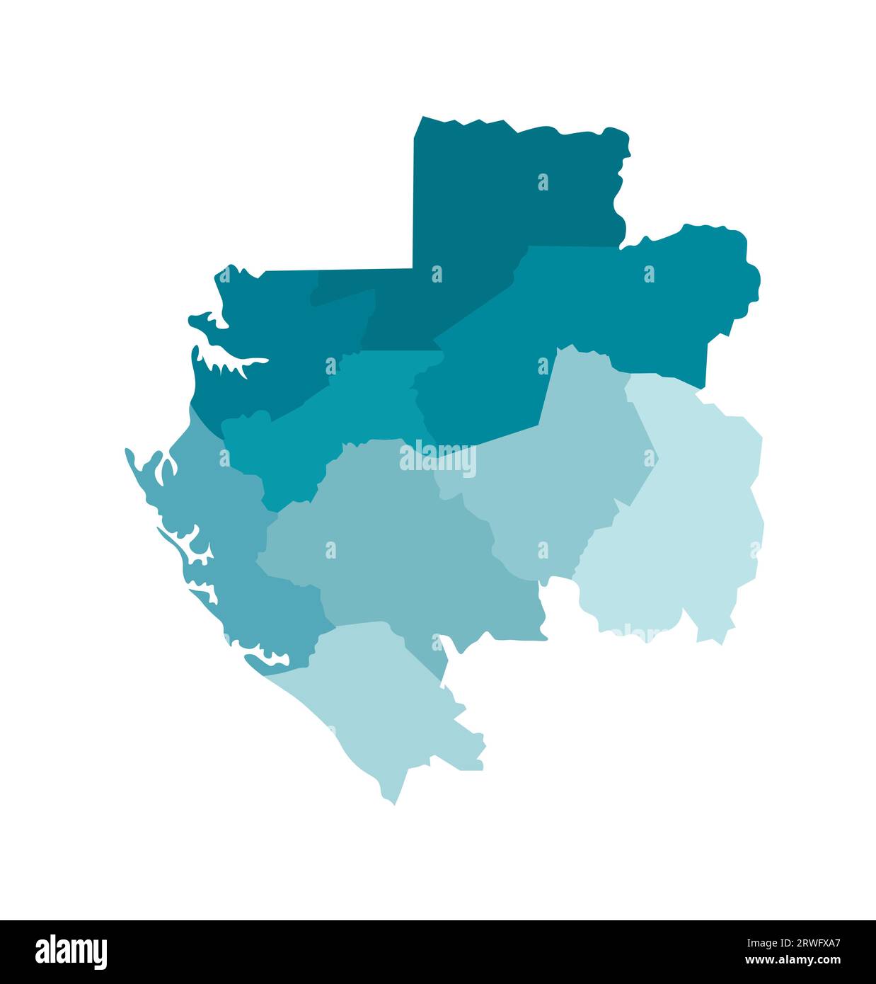 Illustrazione vettoriale isolata della mappa amministrativa semplificata del Gabon. Confini delle province (regioni). Sagome kaki blu colorato. Illustrazione Vettoriale