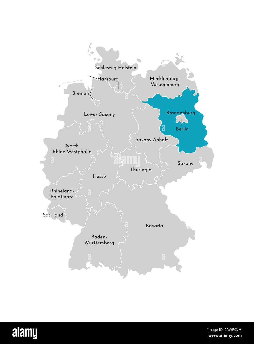 Illustrazione vettoriale isolata della mappa amministrativa semplificata della Germania. Silhouette blu di Brandeburgo (stato). Silhouette grigie. Contorno bianco Illustrazione Vettoriale