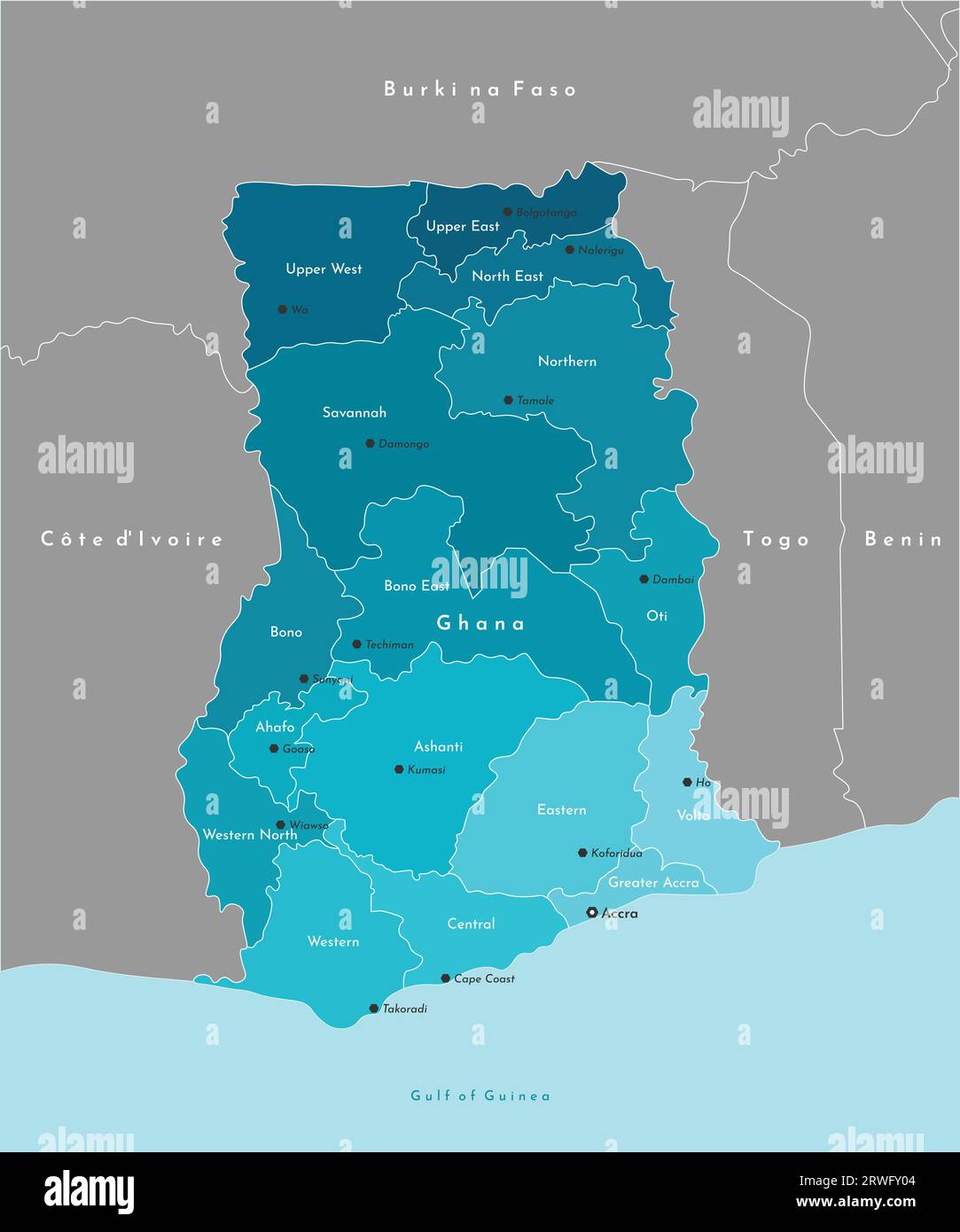 Illustrazione vettoriale moderna. Mappa amministrativa semplificata del Ghana e confina con i paesi limitrofi. Sfondo blu del Golfo di Guinea. Nomi Illustrazione Vettoriale