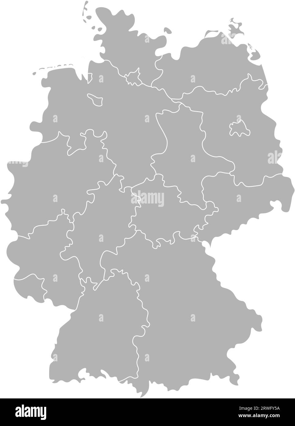 Illustrazione vettoriale isolata della mappa amministrativa semplificata della Germania. Confini degli stati (regioni). Silhouette grigie. Sfondo bianco e esterno Illustrazione Vettoriale
