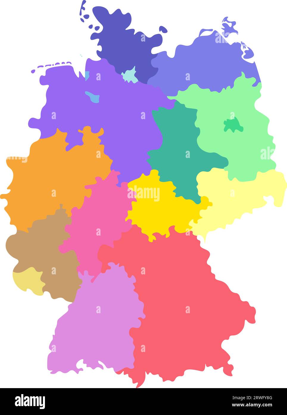 Illustrazione vettoriale isolata della mappa amministrativa semplificata della Germania. Confini degli stati (regioni). Silhouette colorate. Sfondo bianco Illustrazione Vettoriale